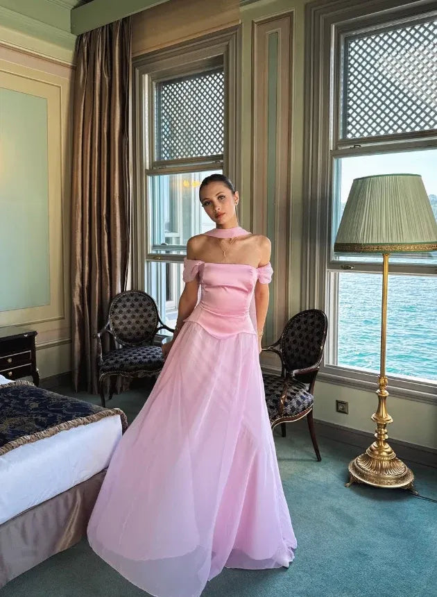 Halter Off-the-Shoulder Satin Chiffon Maxi Dress – Wedding Bridesmaid Evening Gown