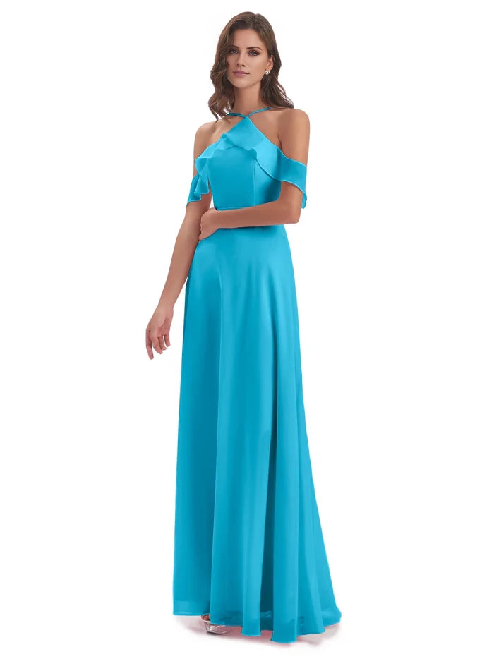 Halter Off The Shoulder Chiffon Long Bridesmaid Dresses