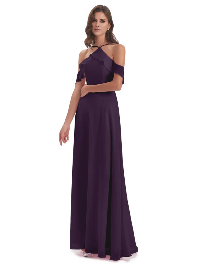 Halter Off The Shoulder Chiffon Long Bridesmaid Dresses