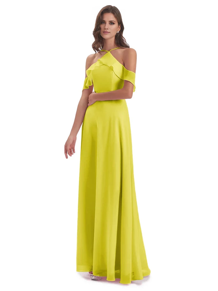 Halter Off The Shoulder Chiffon Long Bridesmaid Dresses