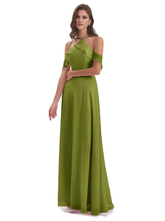 Halter Off The Shoulder Chiffon Long Bridesmaid Dresses