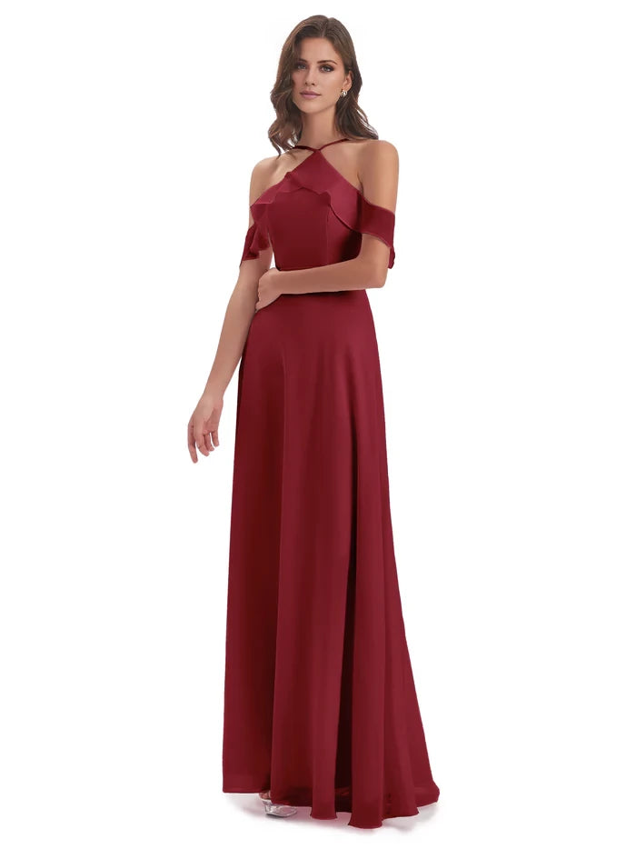 Halter Off The Shoulder Chiffon Long Bridesmaid Dresses