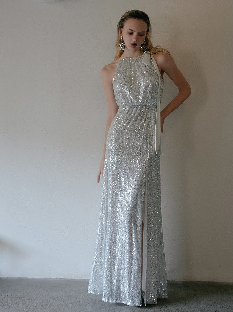 Halter Sequin Evening Dress with Side Bow Knot High Slit Floor Length Formal Gown