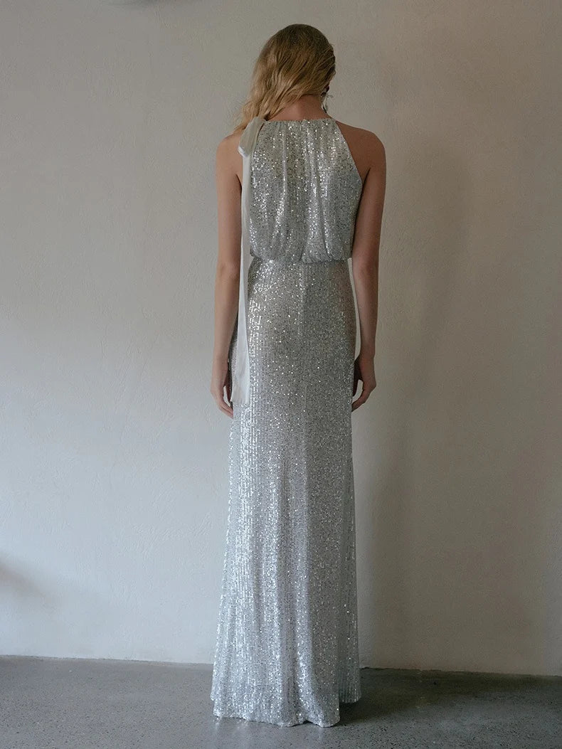 Halter Sequin Evening Dress with Side Bow Knot High Slit Floor Length Formal Gown