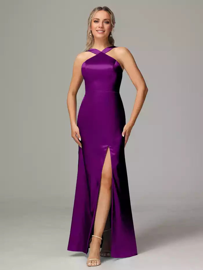 Halter Sleeveless Soft Satin Bridesmaid Dress