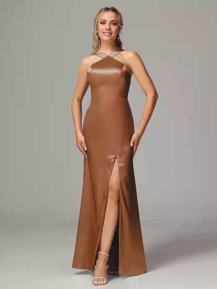 Halter Sleeveless Soft Satin Bridesmaid Dress