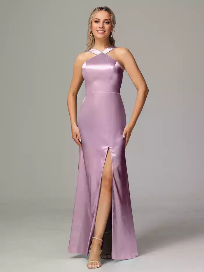 Halter Sleeveless Soft Satin Bridesmaid Dress