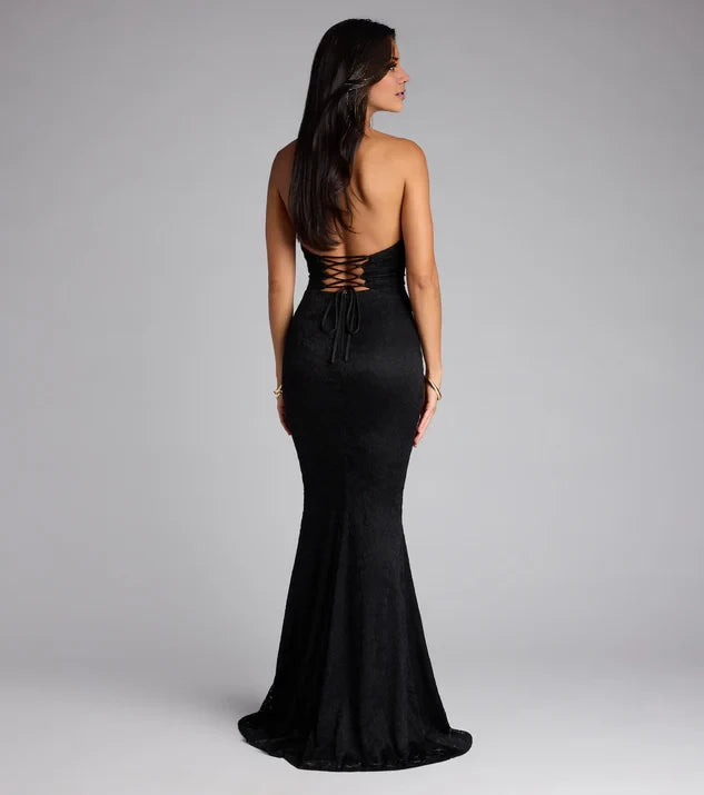 Halter Strappy Lace Mermaid Formal Dress Prom Dresses