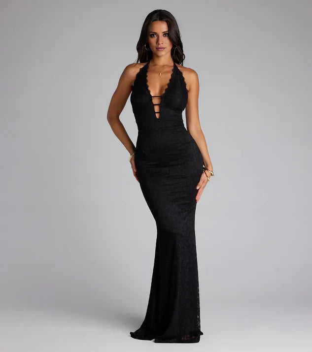 Halter Strappy Lace Mermaid Formal Dress Prom Dresses
