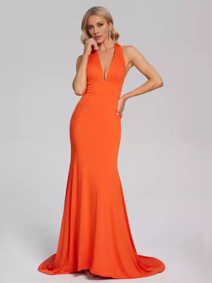 Halter V neck Backless Mermaid Spandex Prom Dress