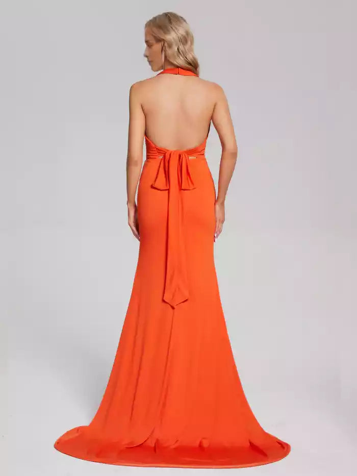 Halter V neck Backless Mermaid Spandex Prom Dress