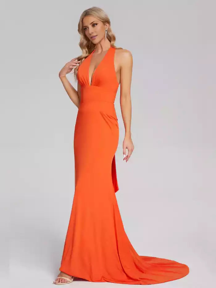 Halter V neck Backless Mermaid Spandex Prom Dress