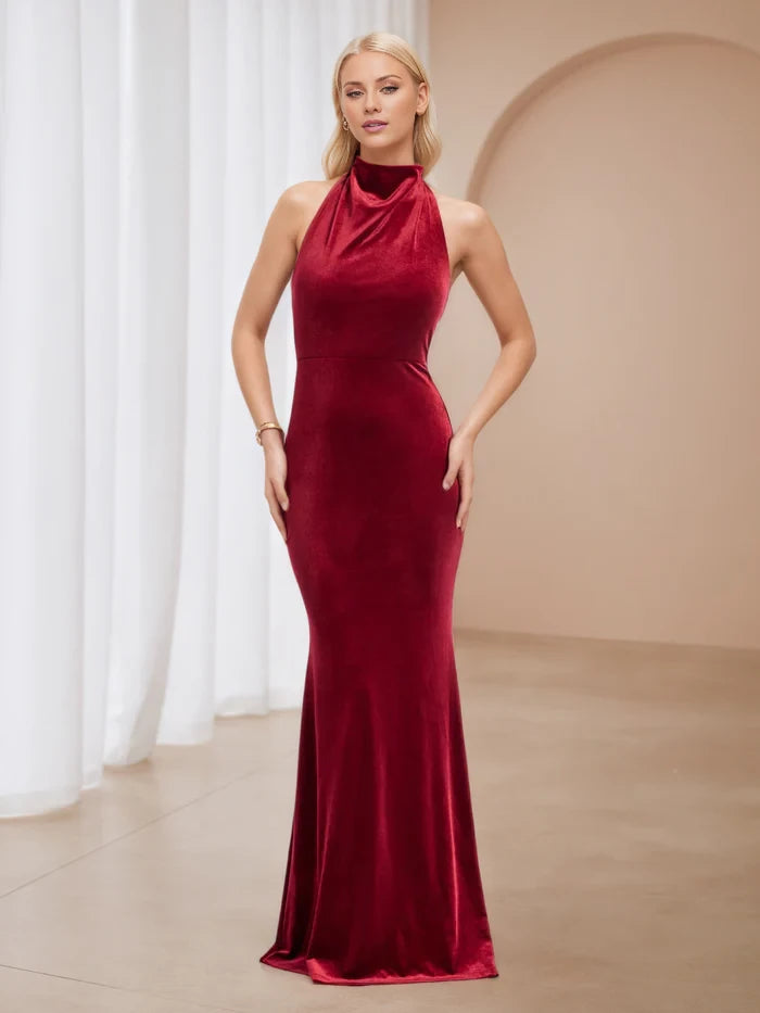 Halter Velvet Cold Shoulder Trumpet Mermaid Prom Dresses