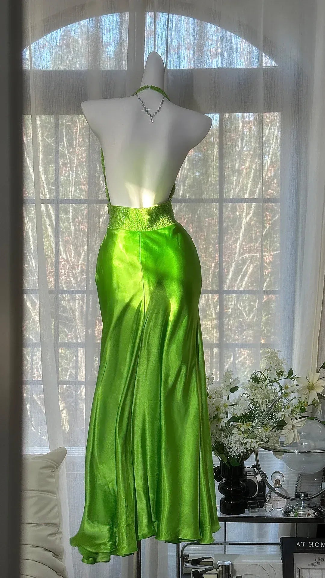 Head-Turning Mermaid Halter V-Neck Beaded Waist Lime Green Satin Gown