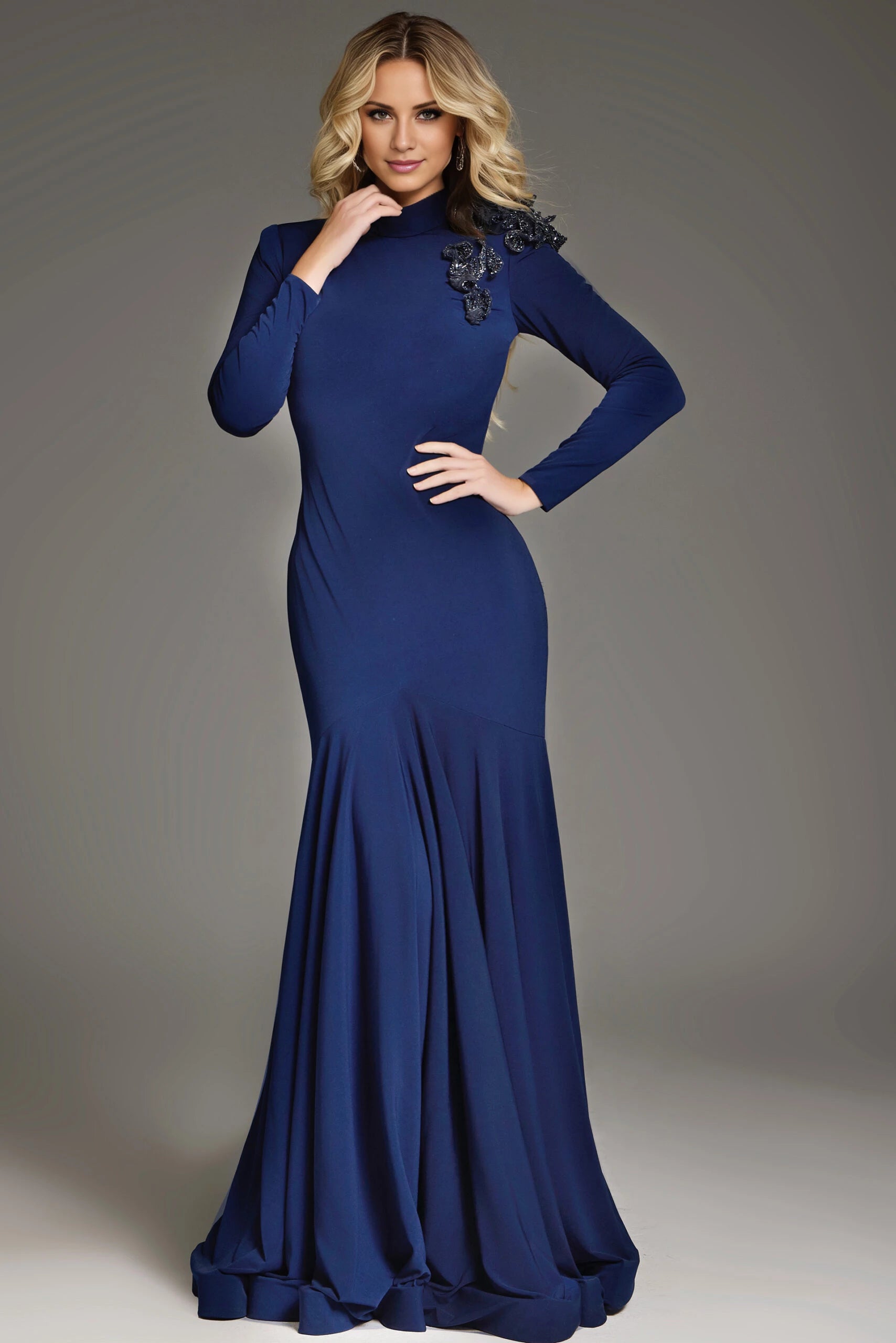 High Neck Gown With Floral Applique  Evening Dresses