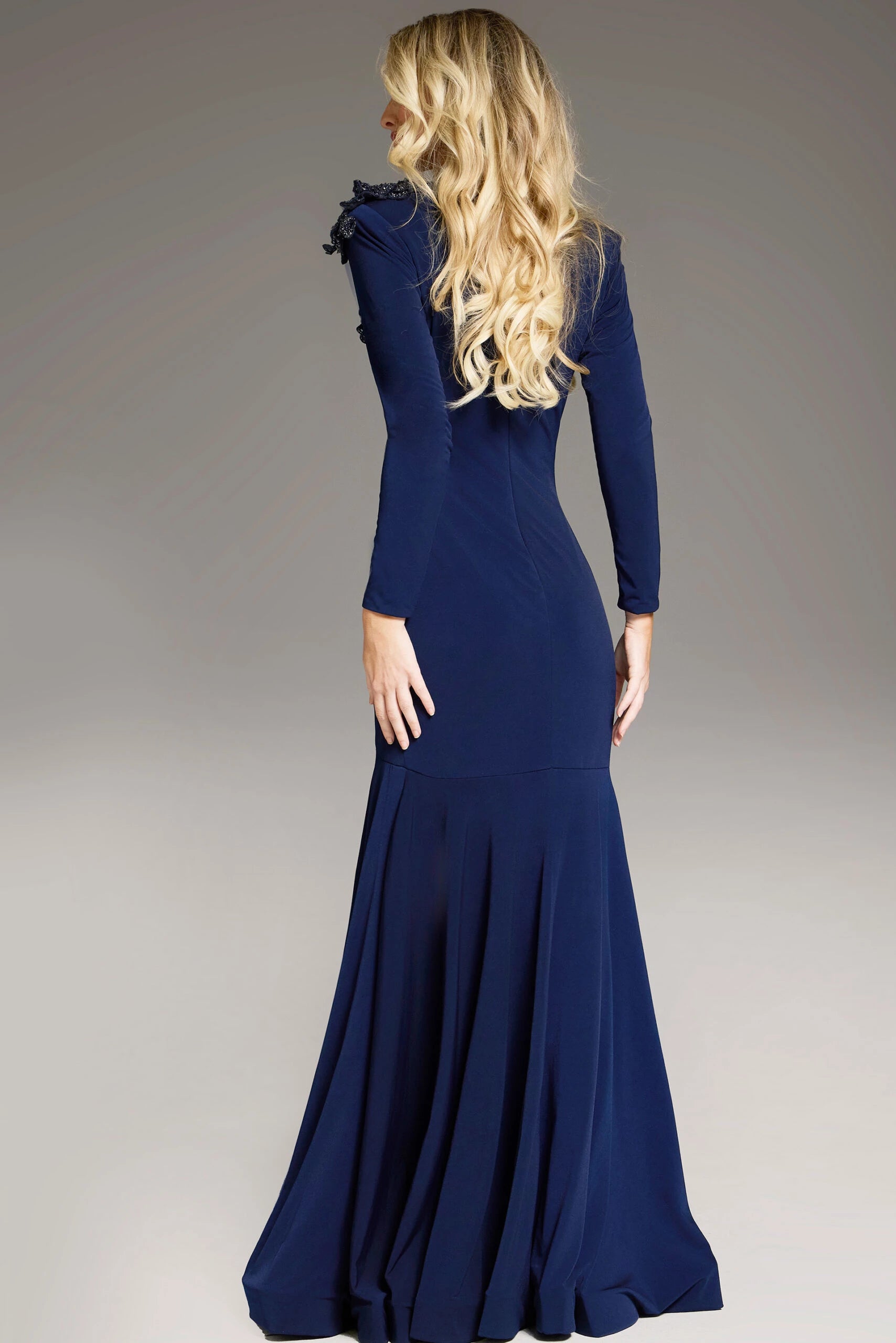 High Neck Gown With Floral Applique  Evening Dresses