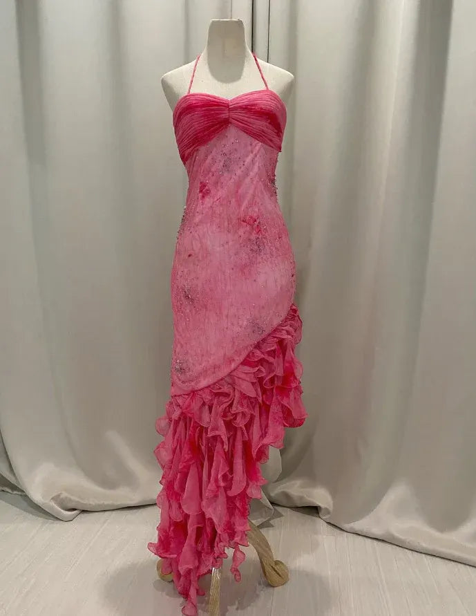 Hot Pink Halter Neck Beaded Ruffle Mermaid Gown