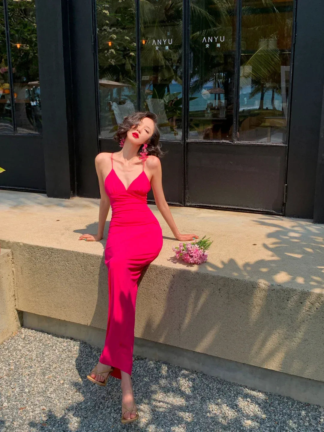 Hot Pink Plunge V-Neck Butterfly Back Maxi Dress