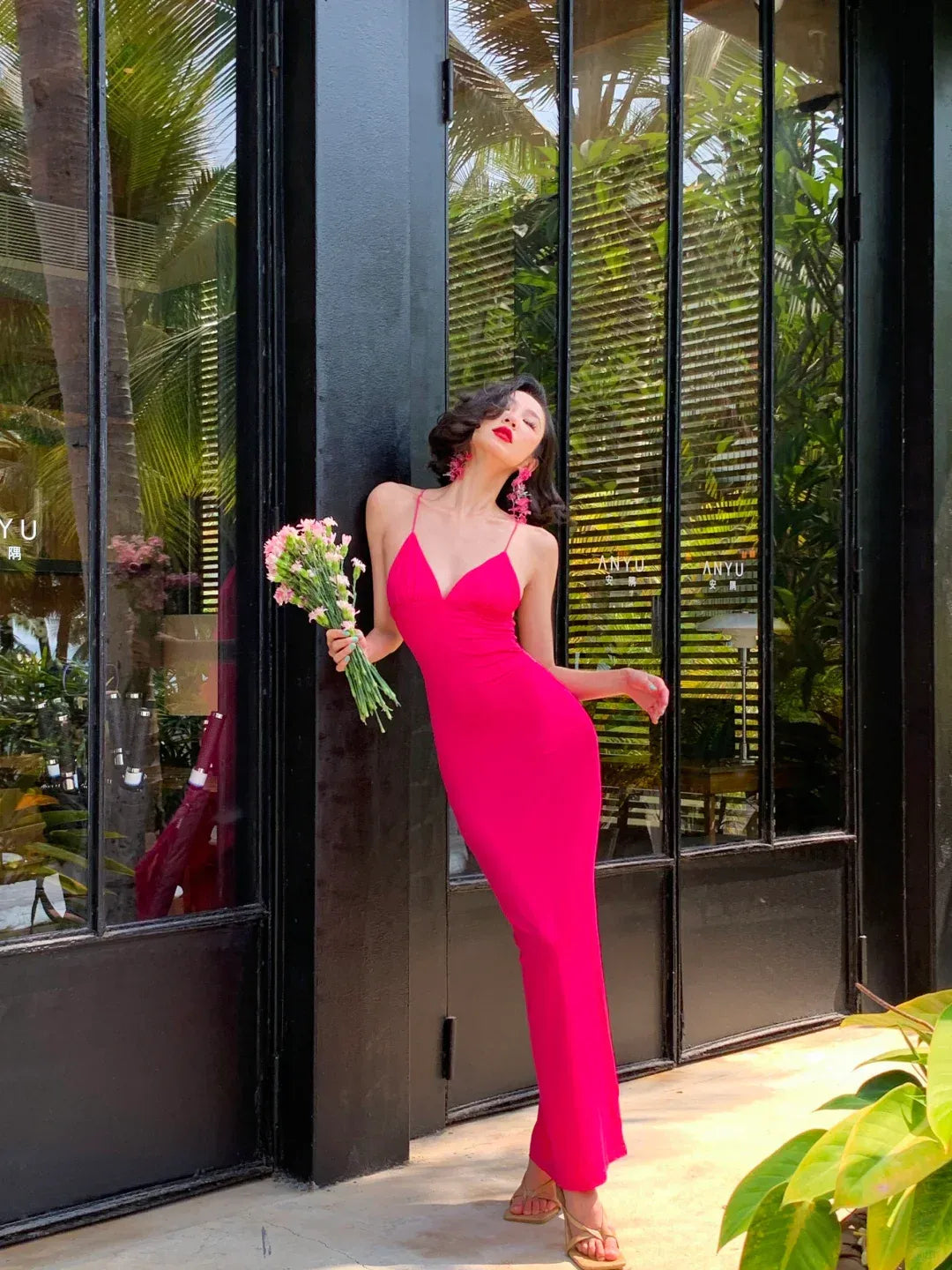 Hot Pink Plunge V-Neck Butterfly Back Maxi Dress