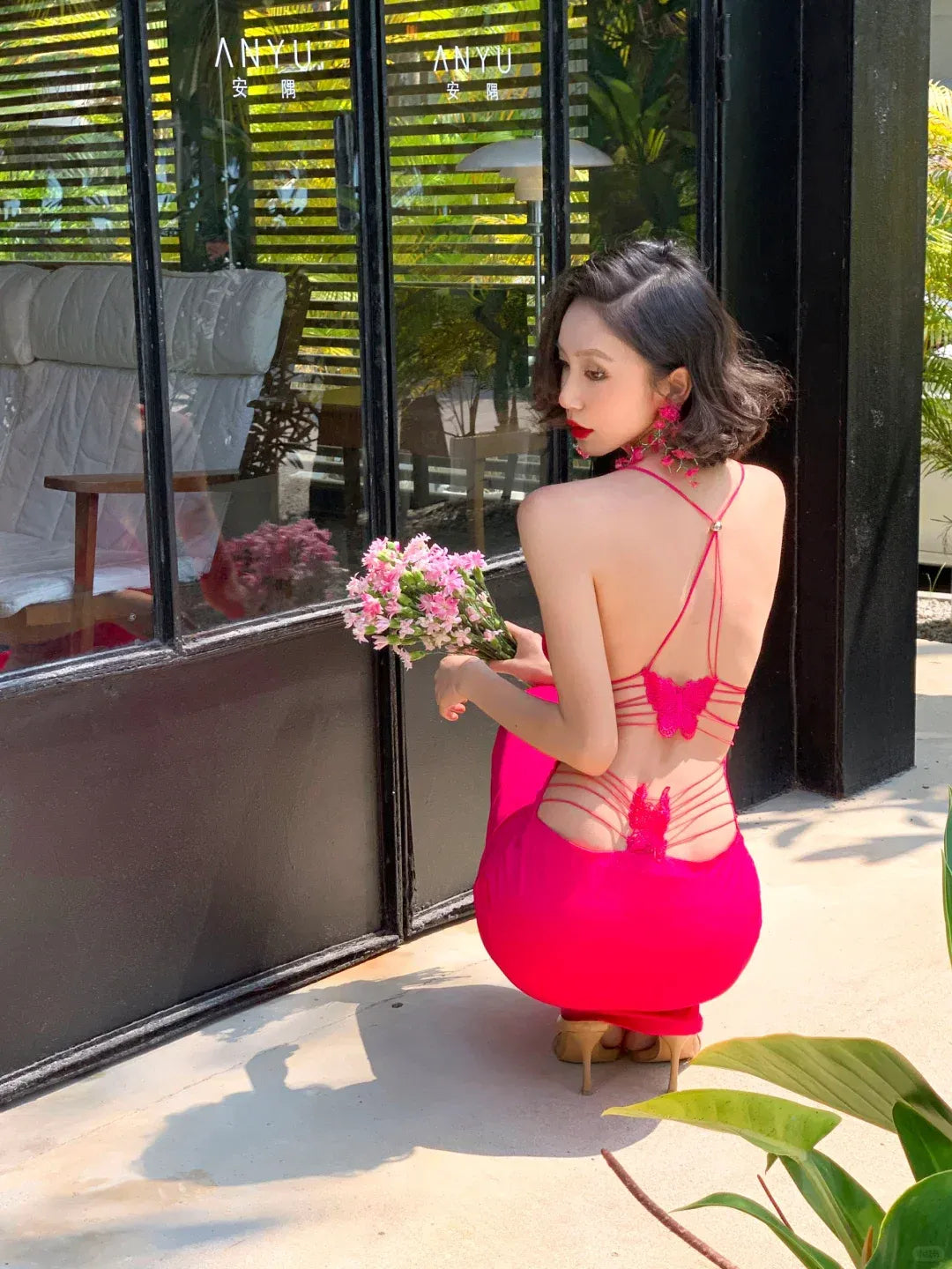 Hot Pink Plunge V-Neck Butterfly Back Maxi Dress