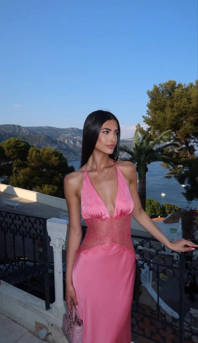 Hot Pink Satin Maxi Gown – Lace Waist Cutout Halter Formal Dress