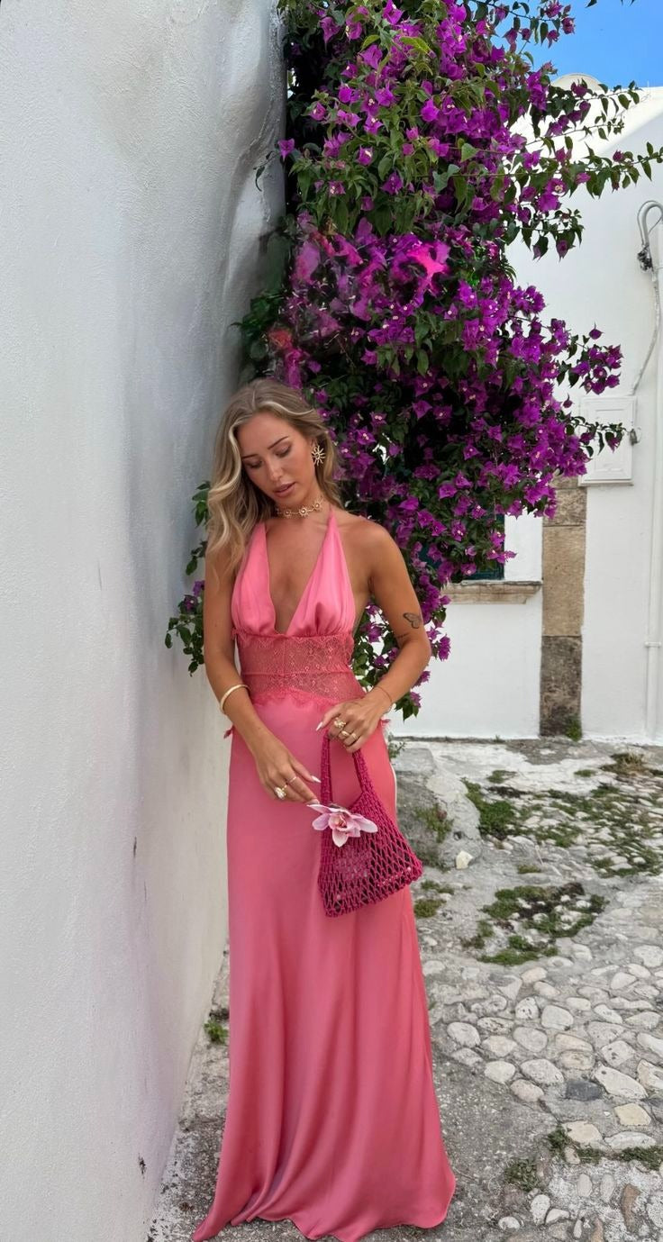 Hot Pink Satin Maxi Gown – Lace Waist Cutout Halter Formal Dress
