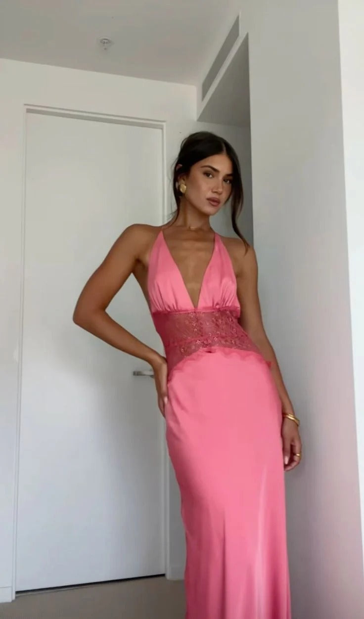 Hot Pink Satin Maxi Gown – Lace Waist Cutout Halter Formal Dress