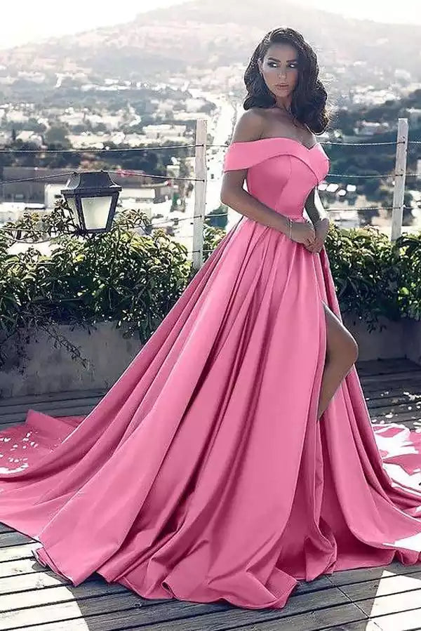 Hot Pink Satin Off-the-Shoulder Slit A-Line Gown – Bold & Romantic Evening Party Dress