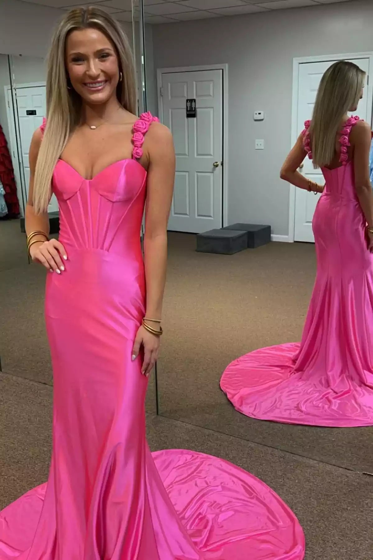 Hot Pink Satin Rose-Embellished Mermaid Gown – Vibrant & Romantic Evening Party Dress