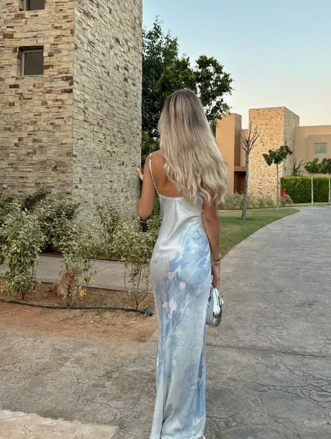 Ice Blue Floral Print Satin Spaghetti Strap Maxi Dress