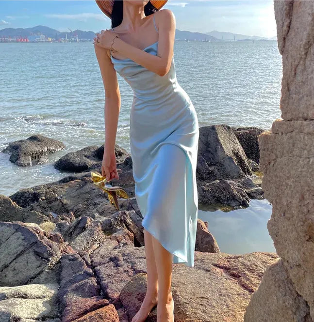 Ice Blue Satin Cowl Neck Spaghetti Strap Midi Dress