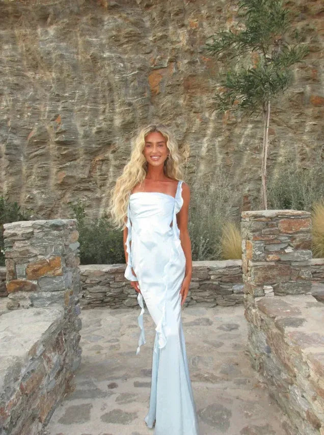 Ice Blue Satin Ruffle Strap Cutout Mermaid Maxi Dress