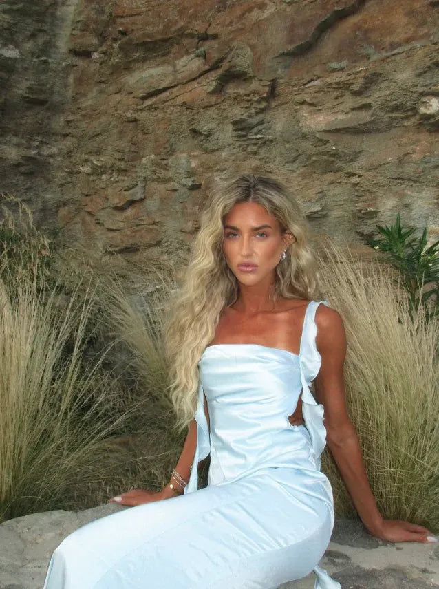 Ice Blue Satin Ruffle Strap Cutout Mermaid Maxi Dress