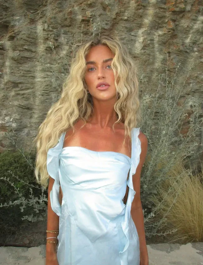Ice Blue Satin Ruffle Strap Cutout Mermaid Maxi Dress