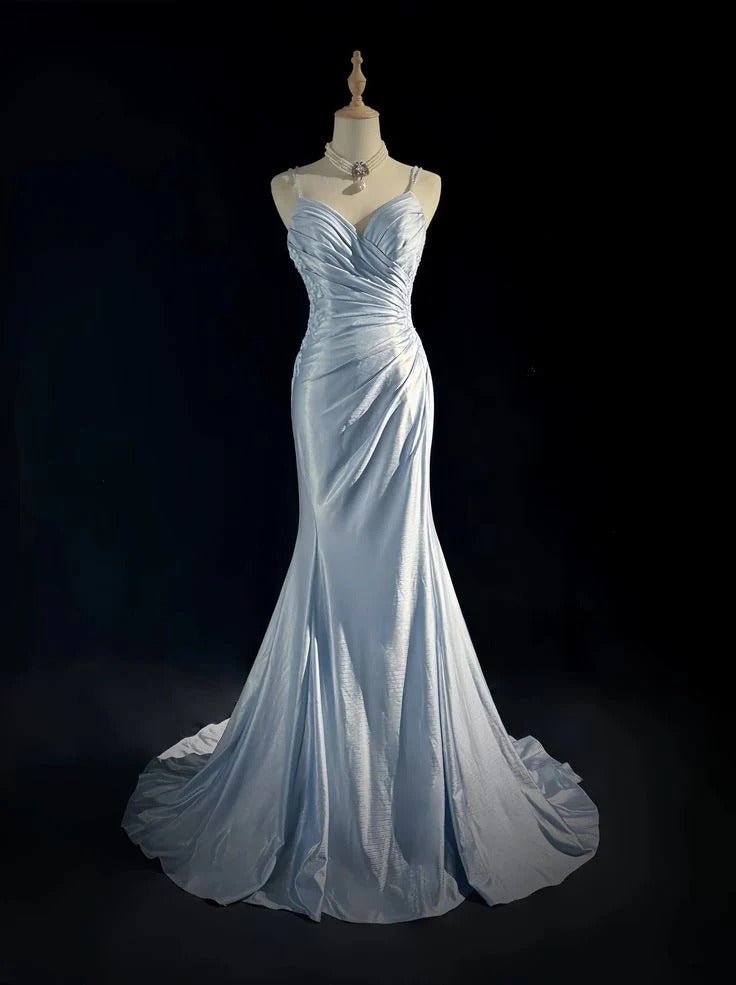 Ice Blue Satin Spaghetti Strap Mermaid Gown with Beaded Open Back