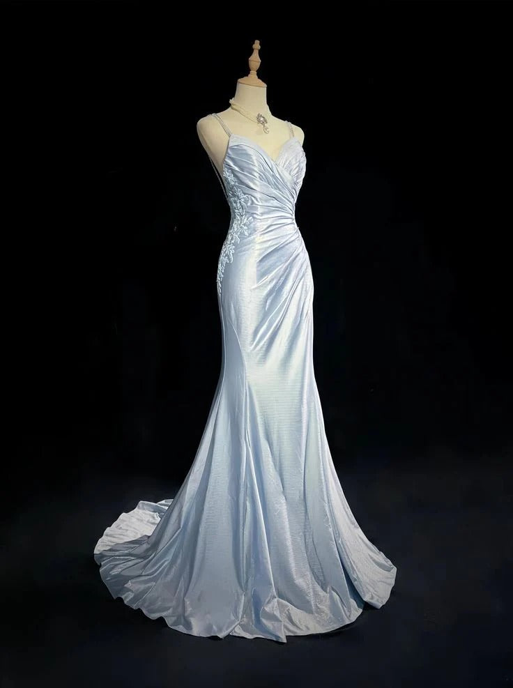 Ice Blue Satin Spaghetti Strap Mermaid Gown with Beaded Open Back