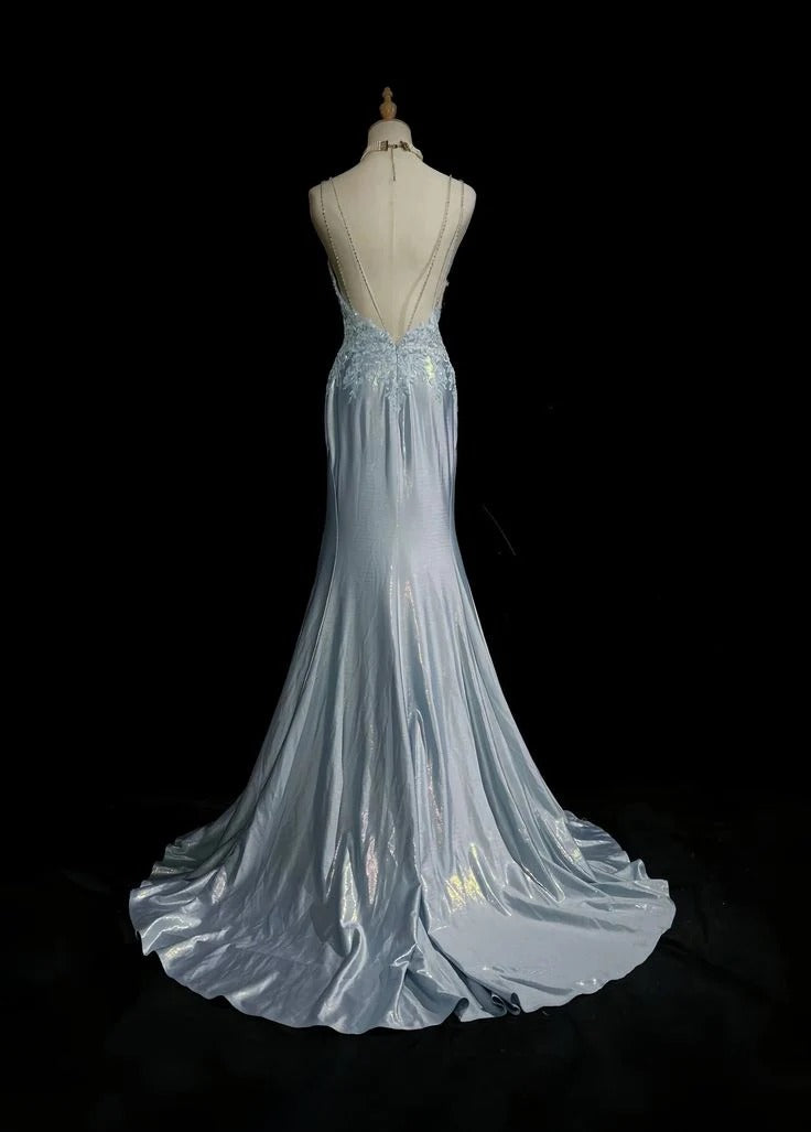 Ice Blue Satin Spaghetti Strap Mermaid Gown with Beaded Open Back