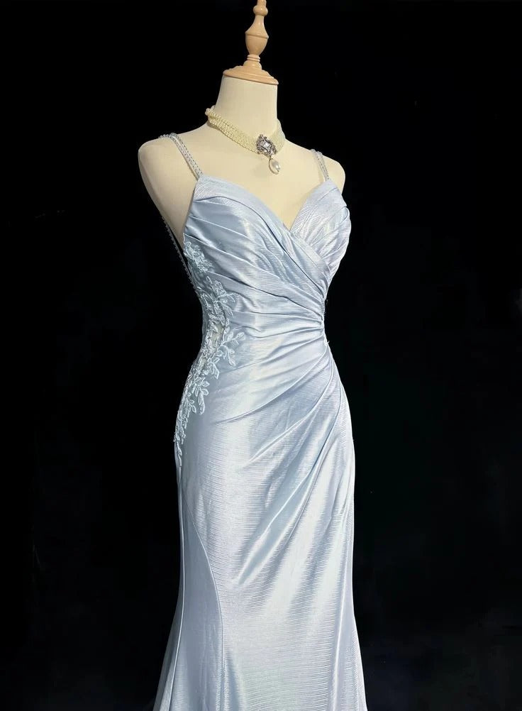 Ice Blue Satin Spaghetti Strap Mermaid Gown with Beaded Open Back