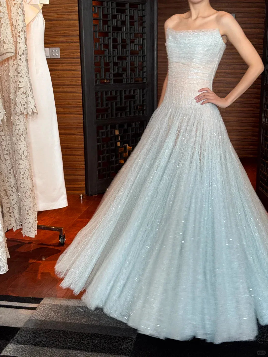 Ice Blue Sequin Lace Strapless Ball Gown – Sheer Tulle Maxi Dress with Sparkle Details