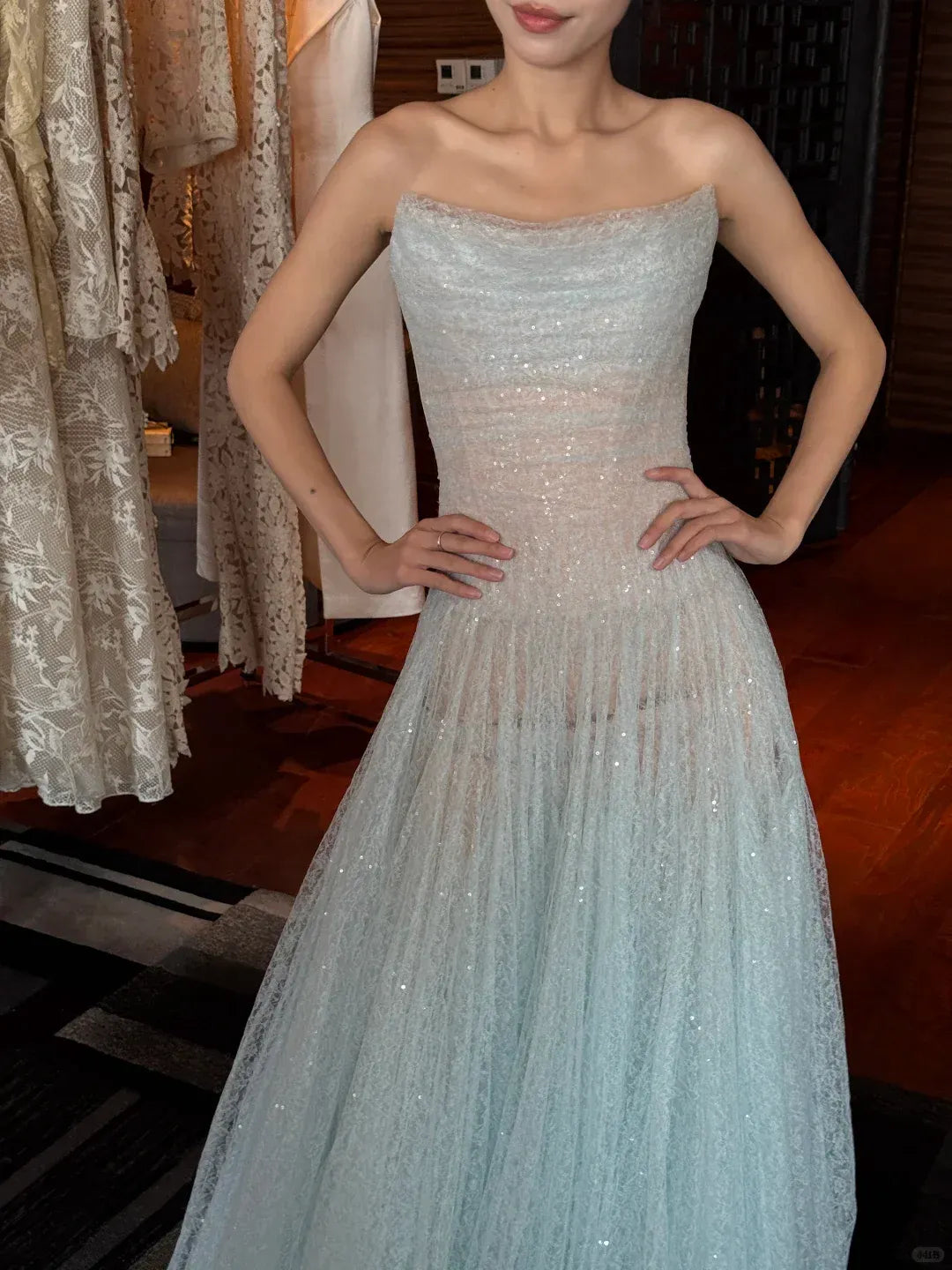 Ice Blue Sequin Lace Strapless Ball Gown – Sheer Tulle Maxi Dress with Sparkle Details