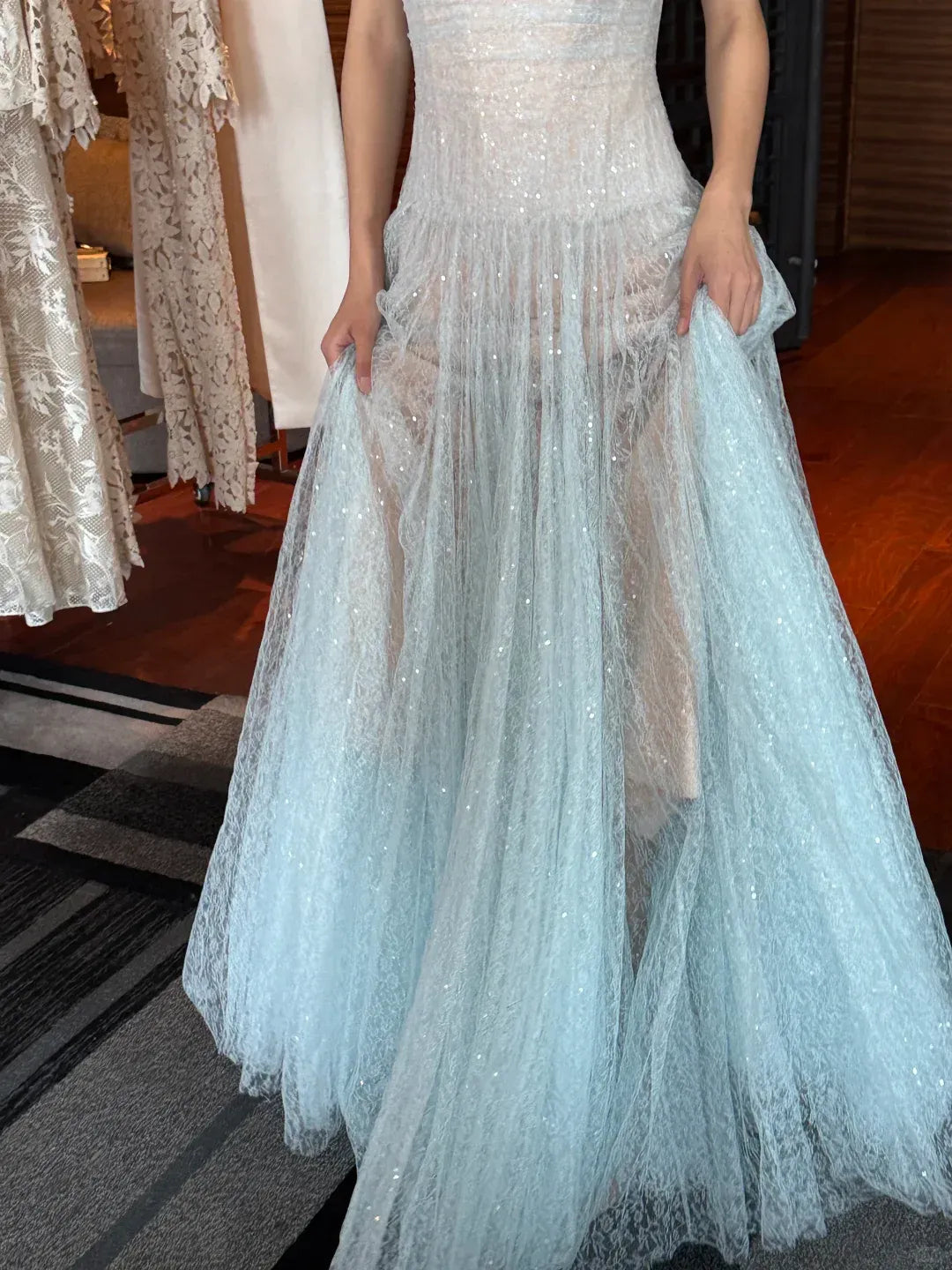 Ice Blue Sequin Lace Strapless Ball Gown – Sheer Tulle Maxi Dress with Sparkle Details