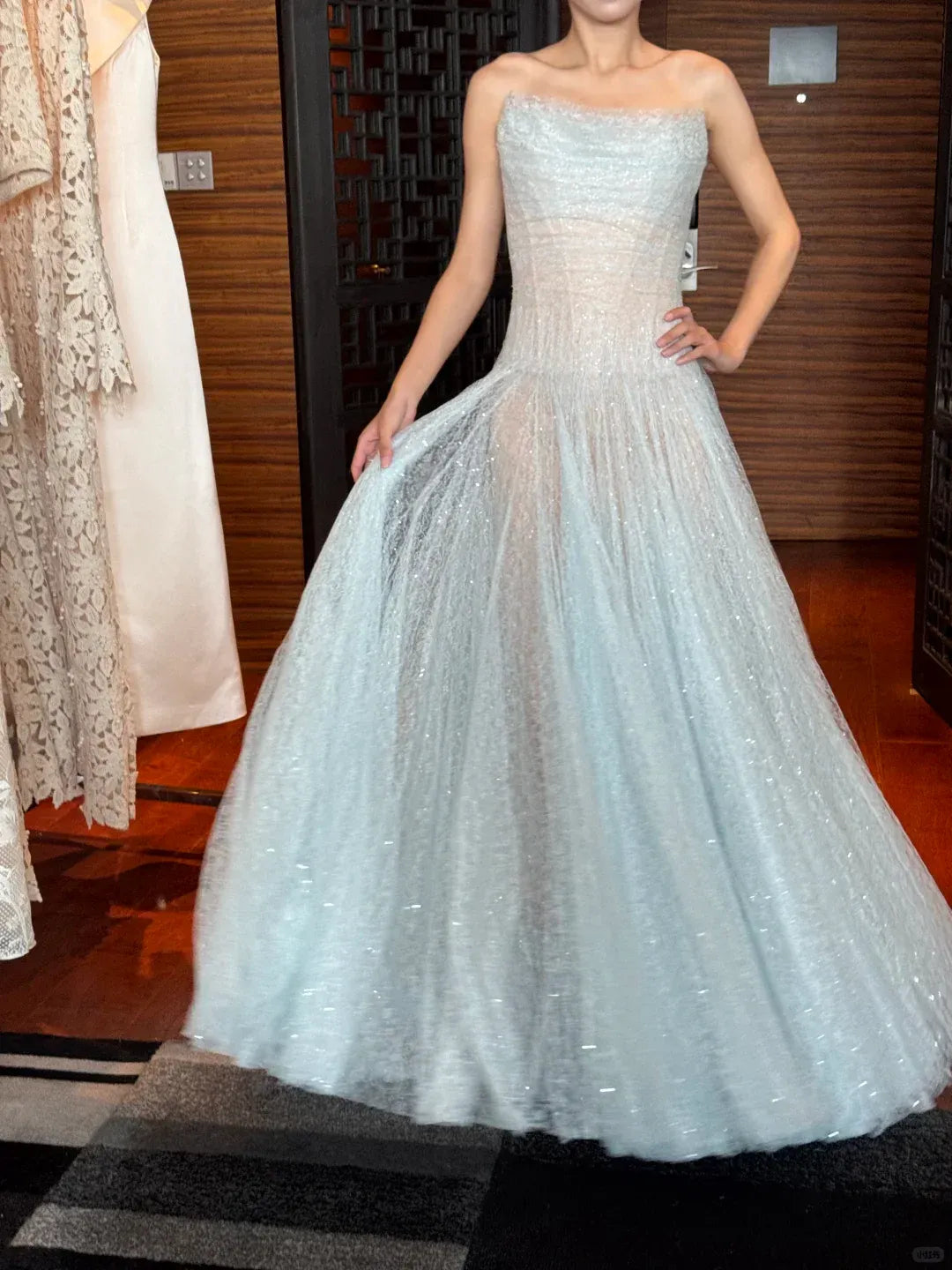Ice Blue Sequin Lace Strapless Ball Gown – Sheer Tulle Maxi Dress with Sparkle Details