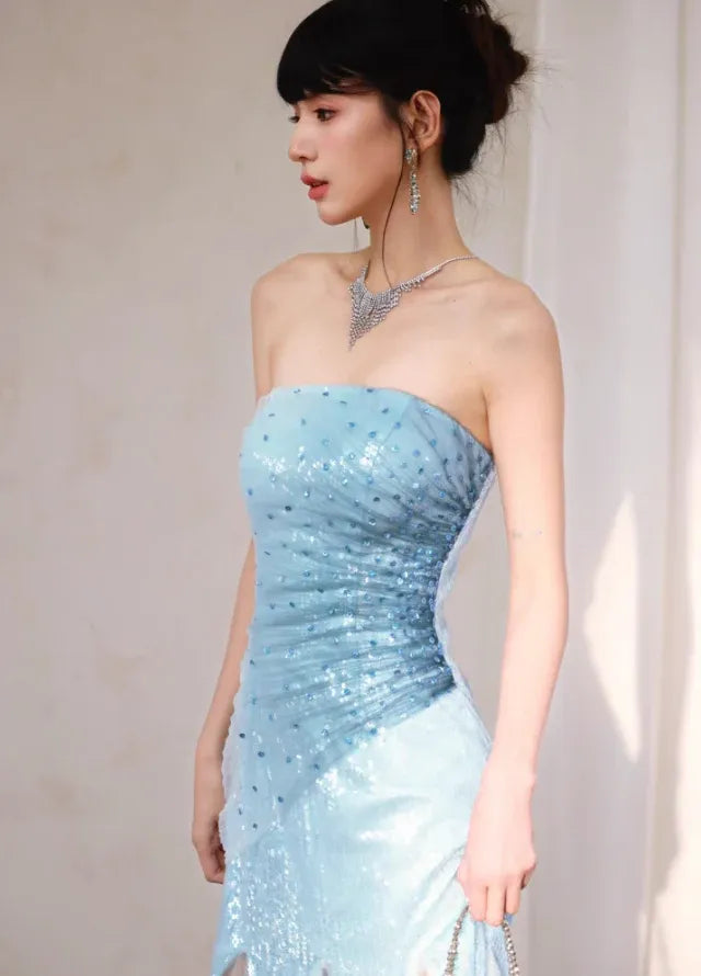 Ice Blue Sequin Strapless Mermaid Gown – Beaded Tulle Maxi Dress with High Slit