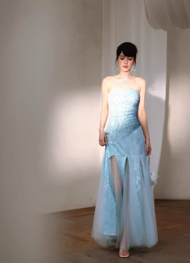 Ice Blue Sequin Strapless Mermaid Gown – Beaded Tulle Maxi Dress with High Slit
