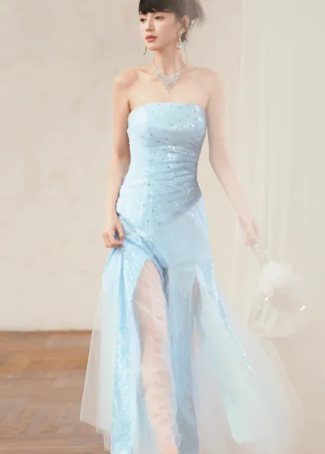 Ice Blue Sequin Strapless Mermaid Gown – Beaded Tulle Maxi Dress with High Slit
