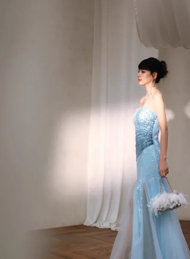 Ice Blue Sequin Strapless Mermaid Gown – Beaded Tulle Maxi Dress with High Slit