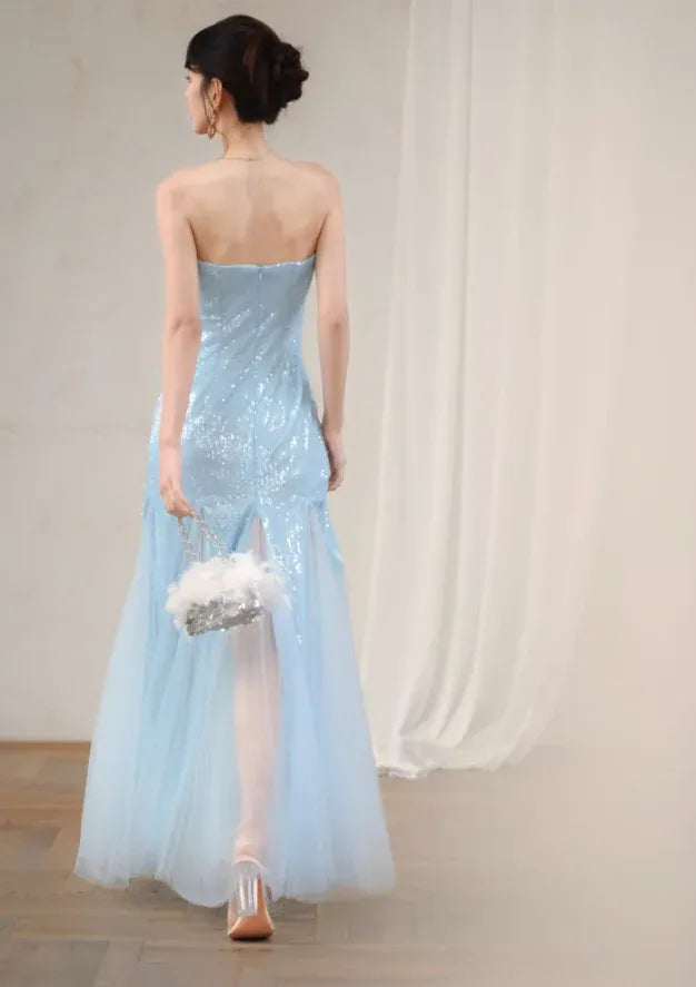 Ice Blue Sequin Strapless Mermaid Gown – Beaded Tulle Maxi Dress with High Slit