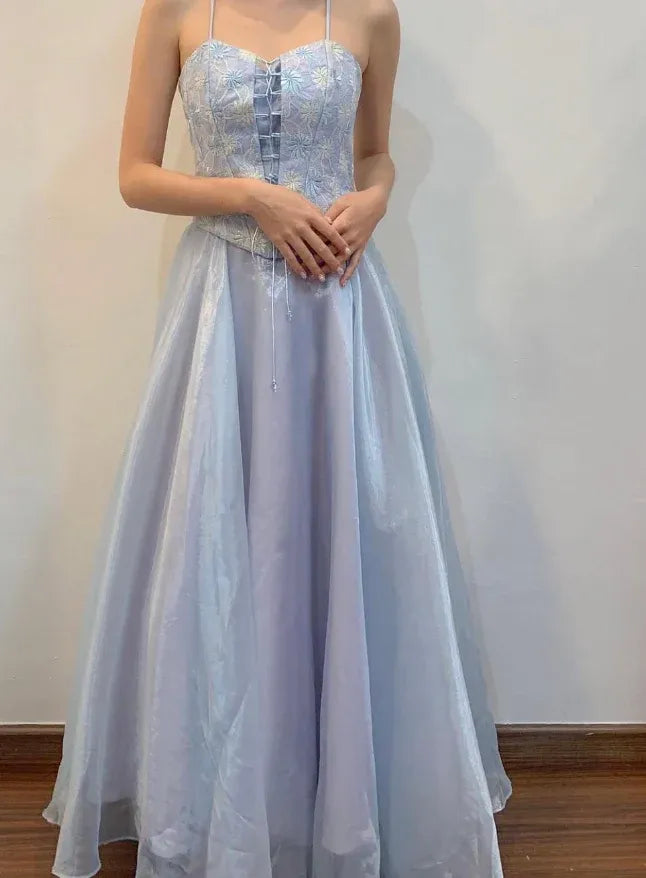 Ice Blue Spaghetti Strap Floral Embroidered Corset Ball Gown