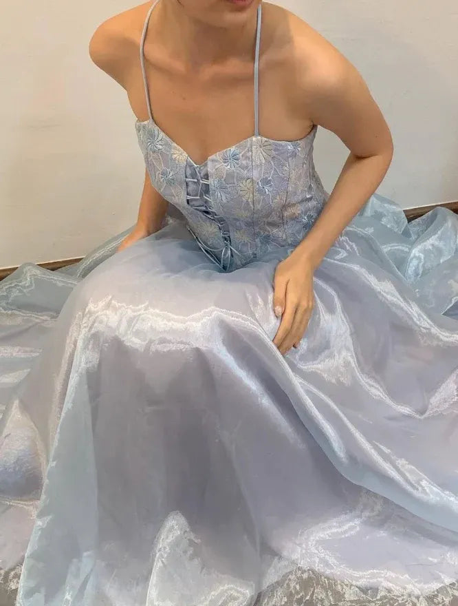 Ice Blue Spaghetti Strap Floral Embroidered Corset Ball Gown