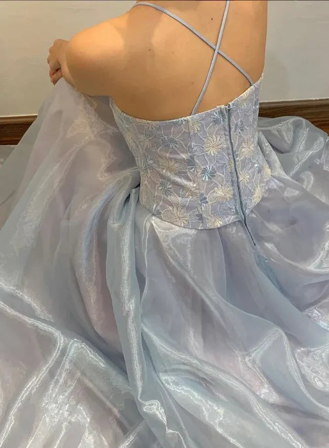 Ice Blue Spaghetti Strap Floral Embroidered Corset Ball Gown